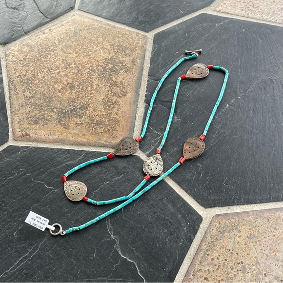 One of A Kind Natural TurquoiseRed Coral Carved Mother of Pearl Beaded Necklace